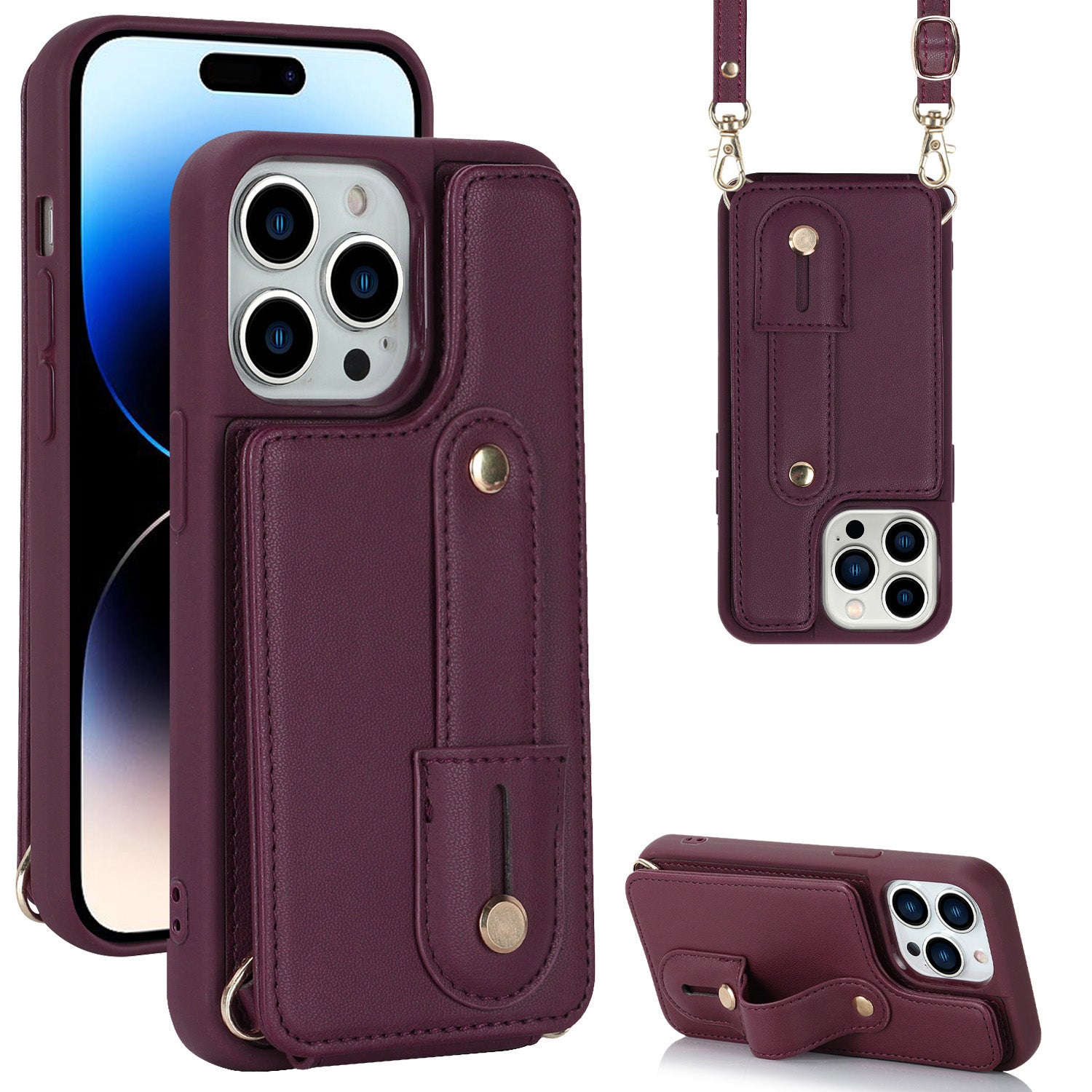 For iPhone 14 Pro Max Wristband Kickstand Phone Case Leather+TPU Cover with Card Holder For iPhone 14 Pro Max Wristband Kickstand Phone Case Leather+TPU Cover with Card Holder